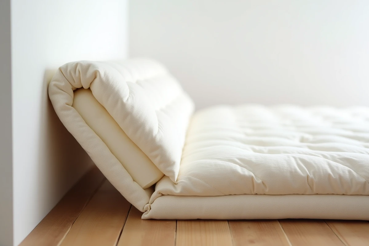 Gros plan sur la structure intérieure d'un futon japonais shikibuton en coton naturel pour illustrer son soutien lombaire