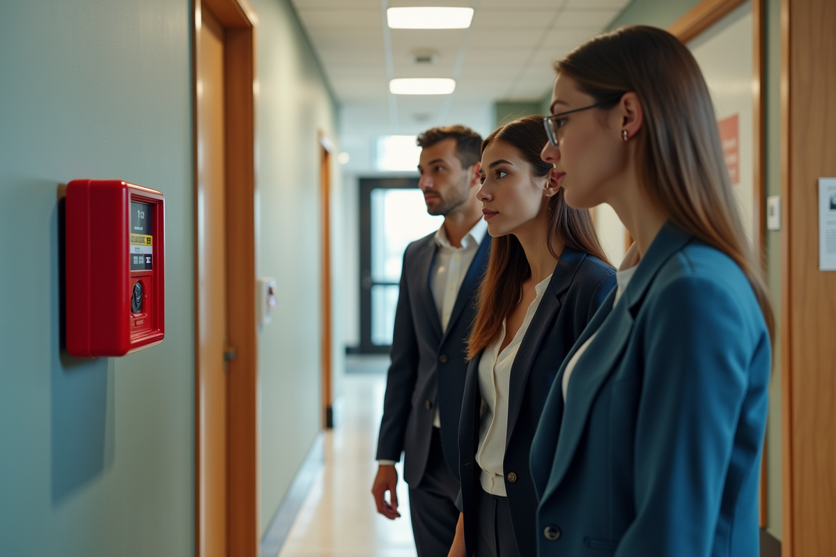 Groupe de travailleurs regardant un bouton d alarme incendie