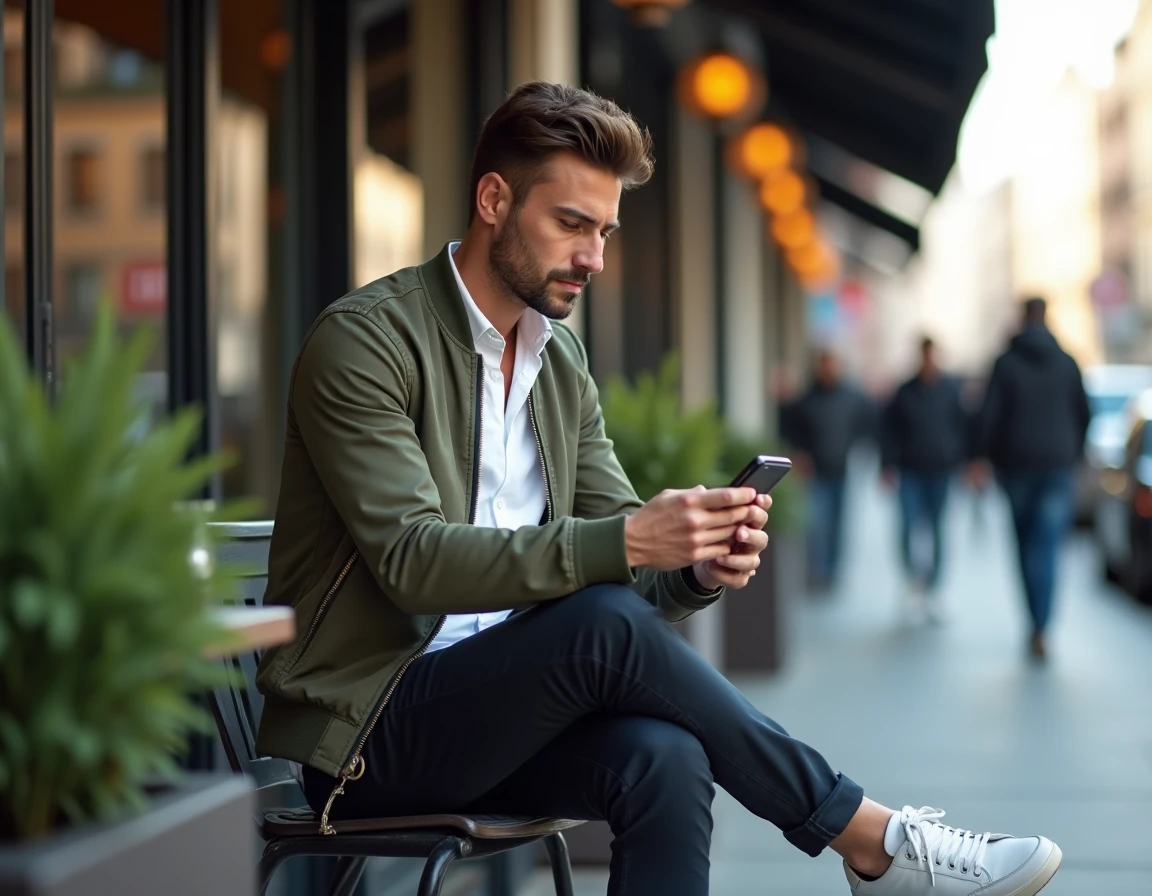 Homme tendance consultant les actualités mode sur smartphone en terrasse de café urbain, vêtu d'un bomber olive et d'un jean slim