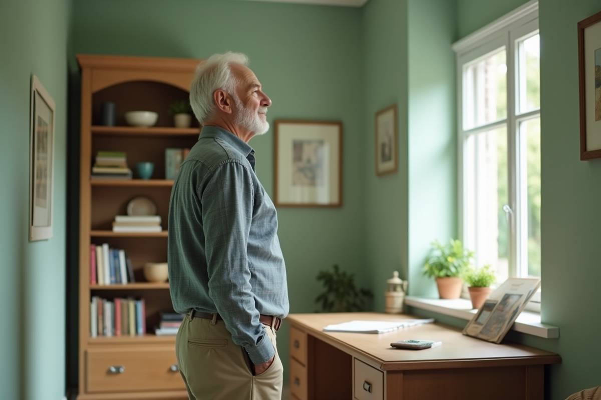 Homme d age admire une peinture verte dans son bureau