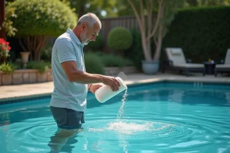 Homme versant des granulés de chlore dans la piscine