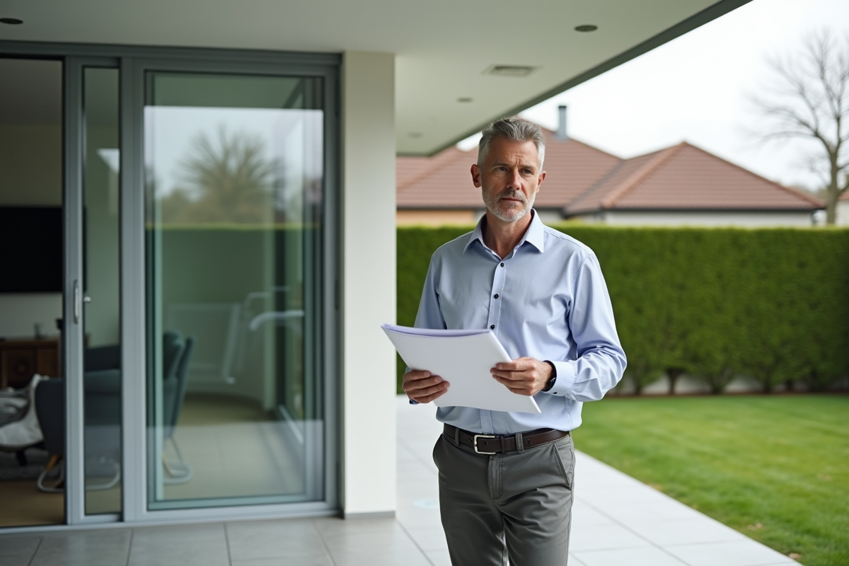 Homme d'âge moyen tenant plans dans une veranda lumineuse