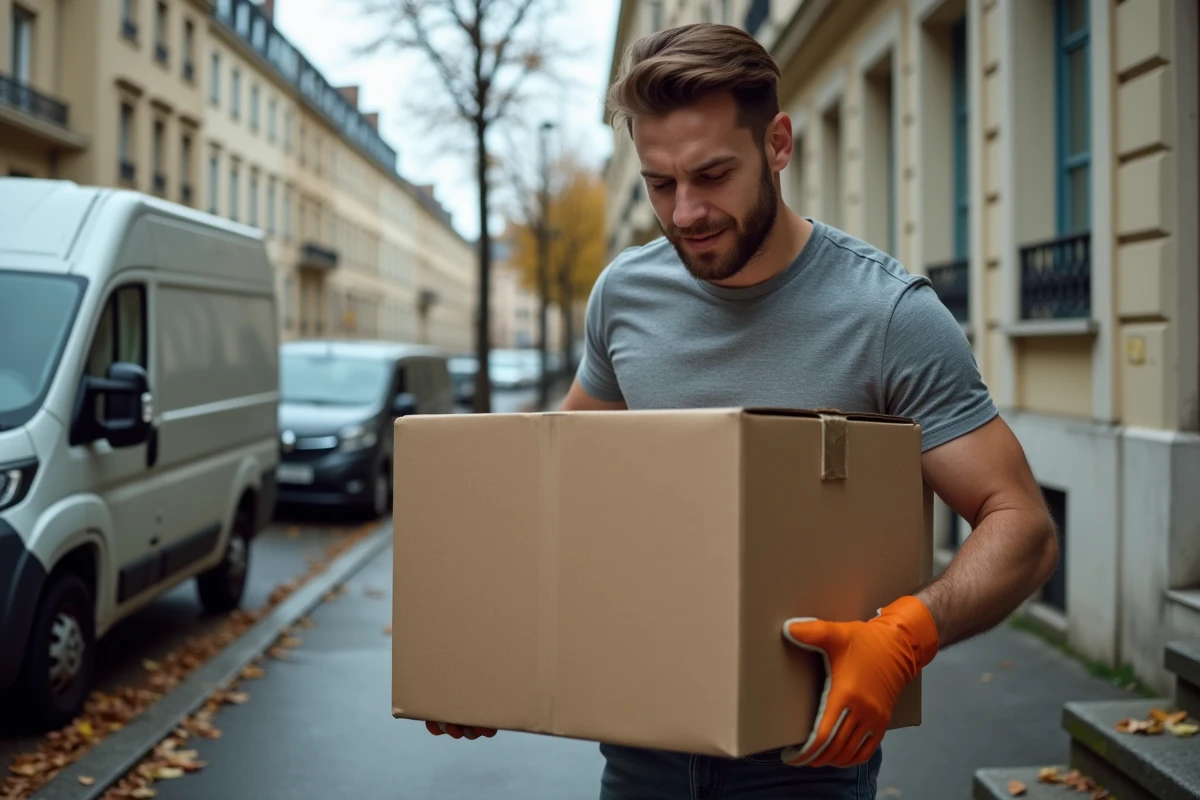 Homme portant un carton de déménagement devant un immeuble parisien avec un camion de location garé dans la rue