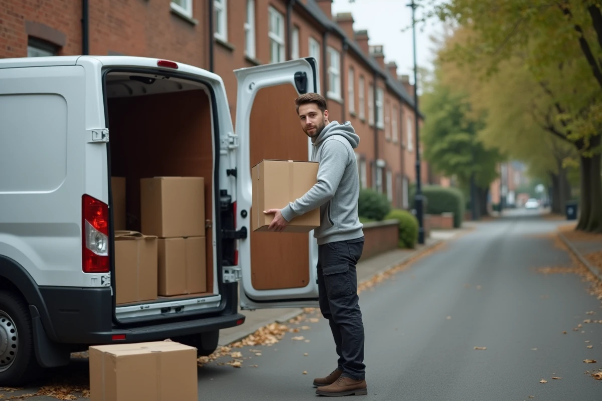 Homme chargeant des cartons de déménagement gratuits et recyclés dans un fourgon sur une rue résidentielle, déménagement durable
