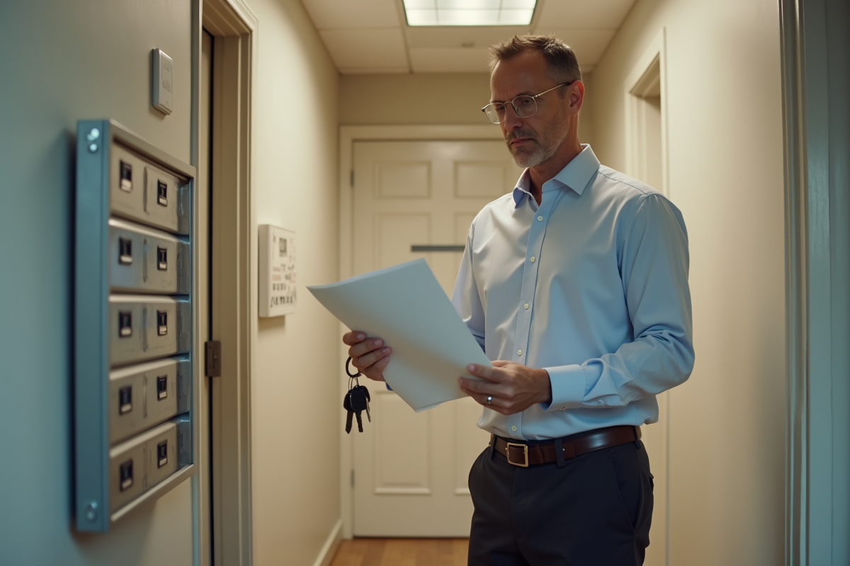 Homme tenant des clés et une lettre dans un couloir d