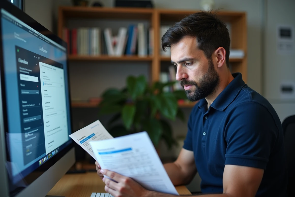 Homme comparant des factures EDF sur un bureau à domicile avec un calculateur de consommation électrique en euros à l'écran