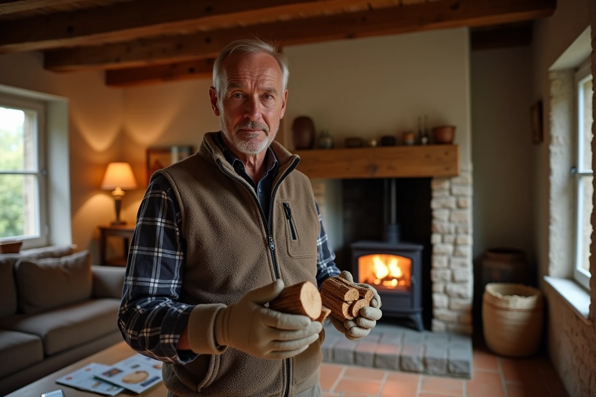 Homme comparant des bûches compressées et des pellets devant un poêle à bois dans un salon rustique