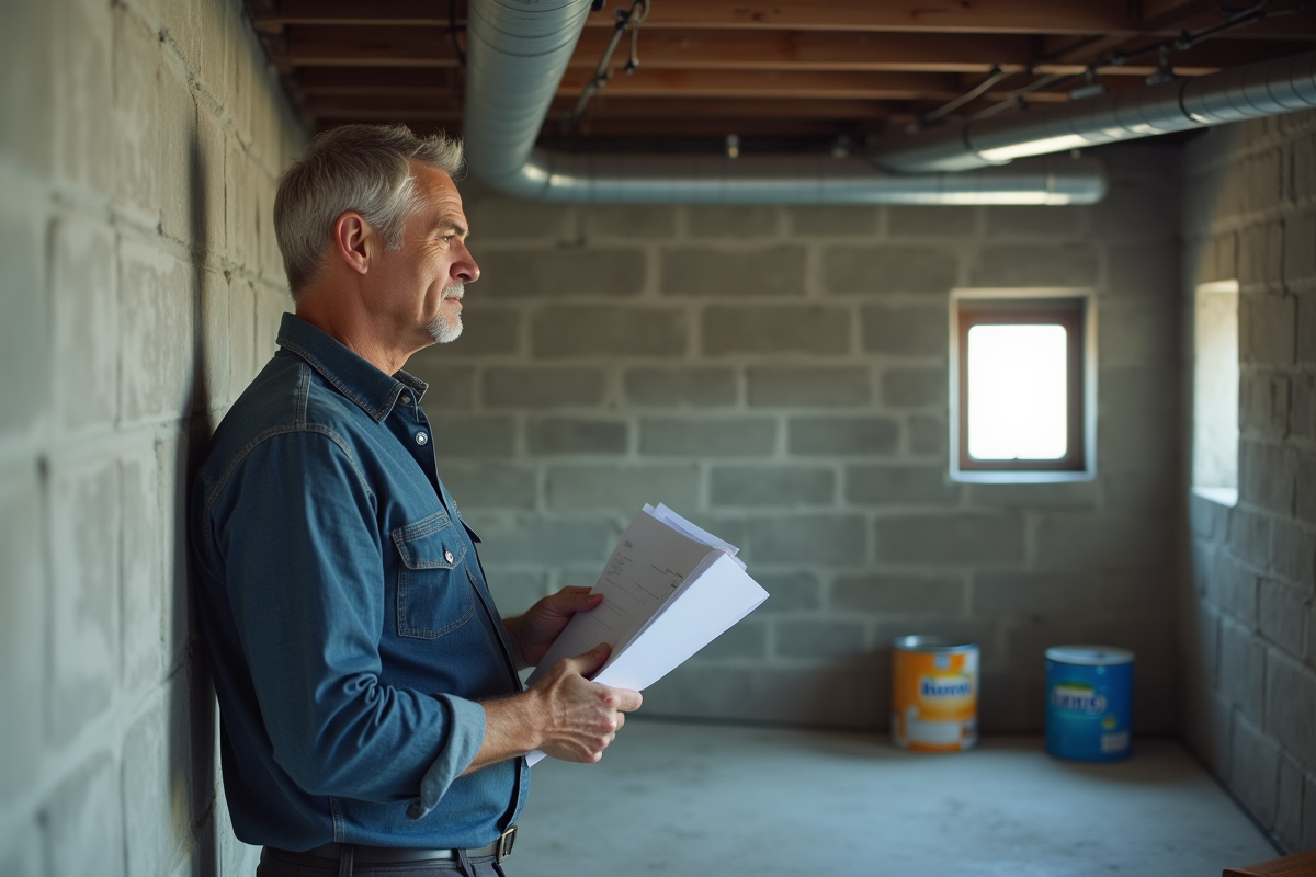 Homme d'âge moyen examine un mur en béton dans un sous-sol