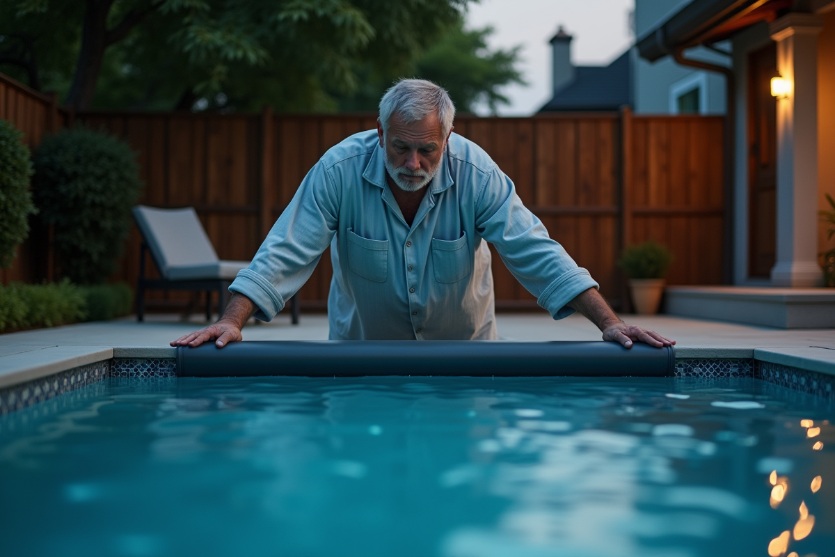 Homme d'âge moyen ouvre une couverture de piscine moderne la nuit