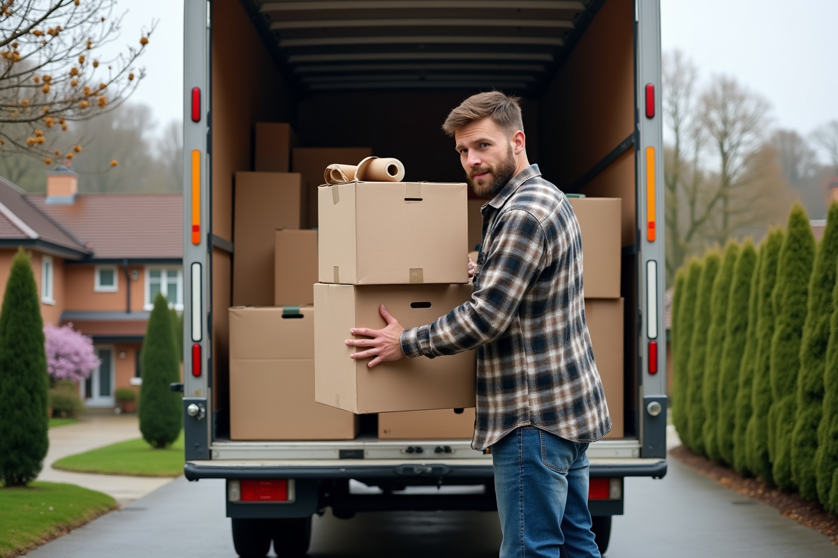 Homme en jeans et chemise à carreaux près d’un camion de déménagement