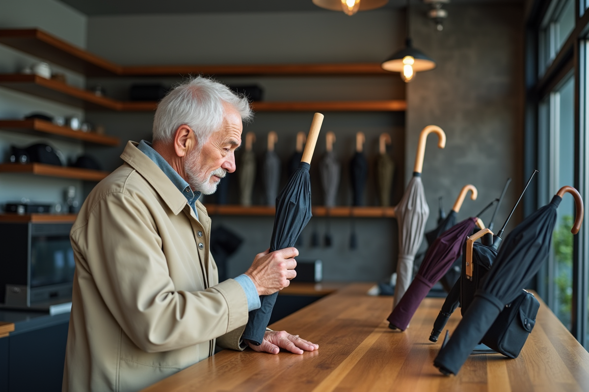 Homme âgé examine deux parapluies dans un magasin moderne
