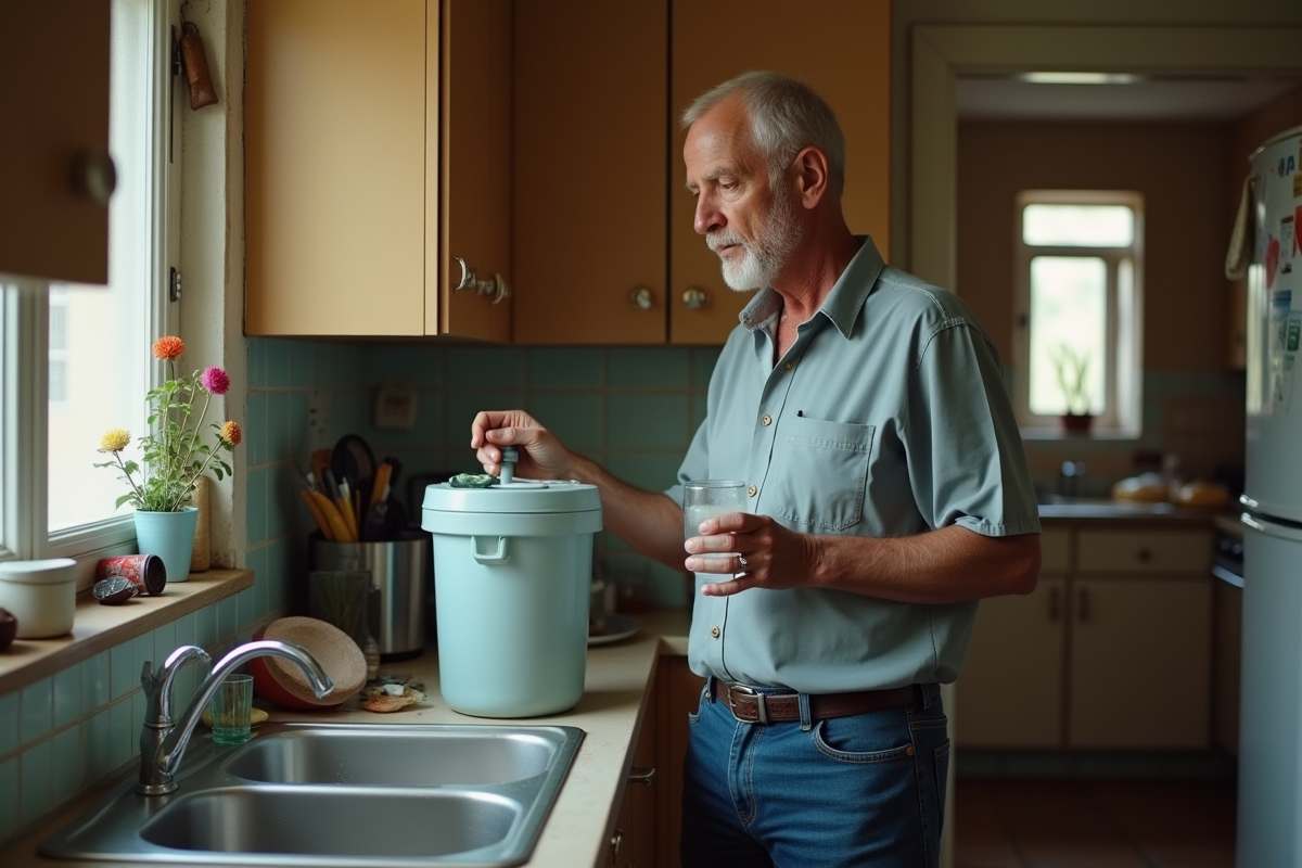 Homme regardant un filtre à eau sale dans une cuisine modeste