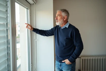 Homme d'âge moyen examine un volet roulant blanc dans son salon lumineux