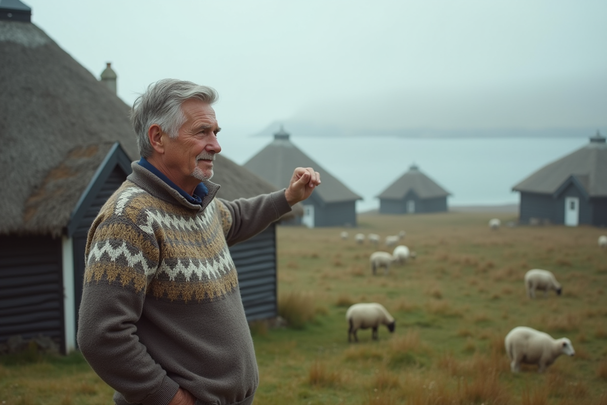 Homme Faroese en pull traditionnel contemplant la côte