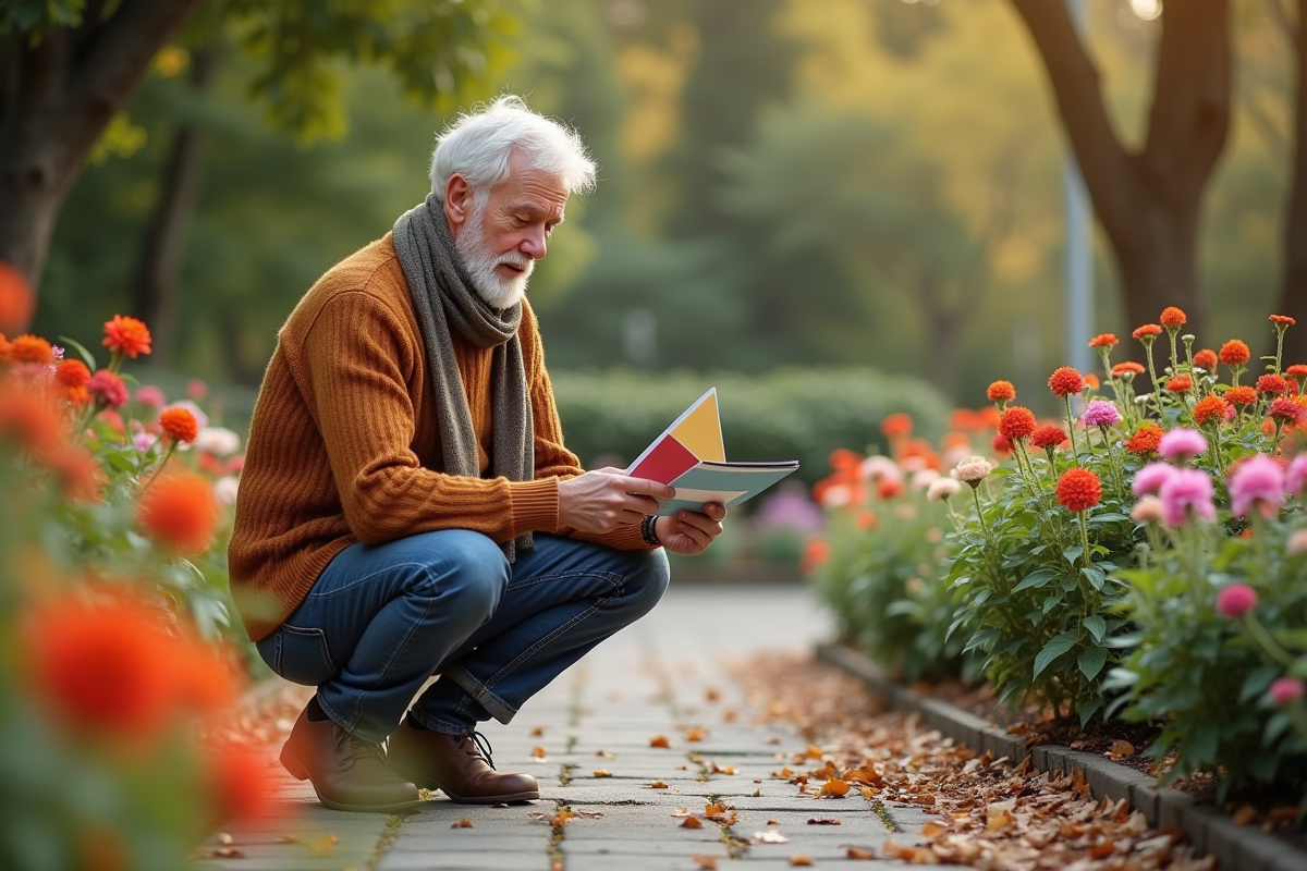Homme comparant des échantillons de peinture dans un jardin