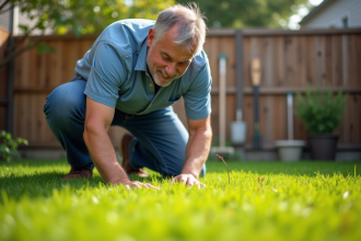 Homme d'âge moyen inspectant la pelouse verte dans son jardin