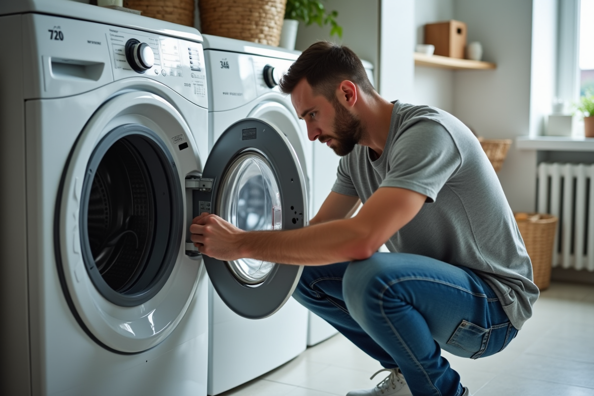 Homme d'âge moyen fixant la machine à laver dans une buanderie moderne
