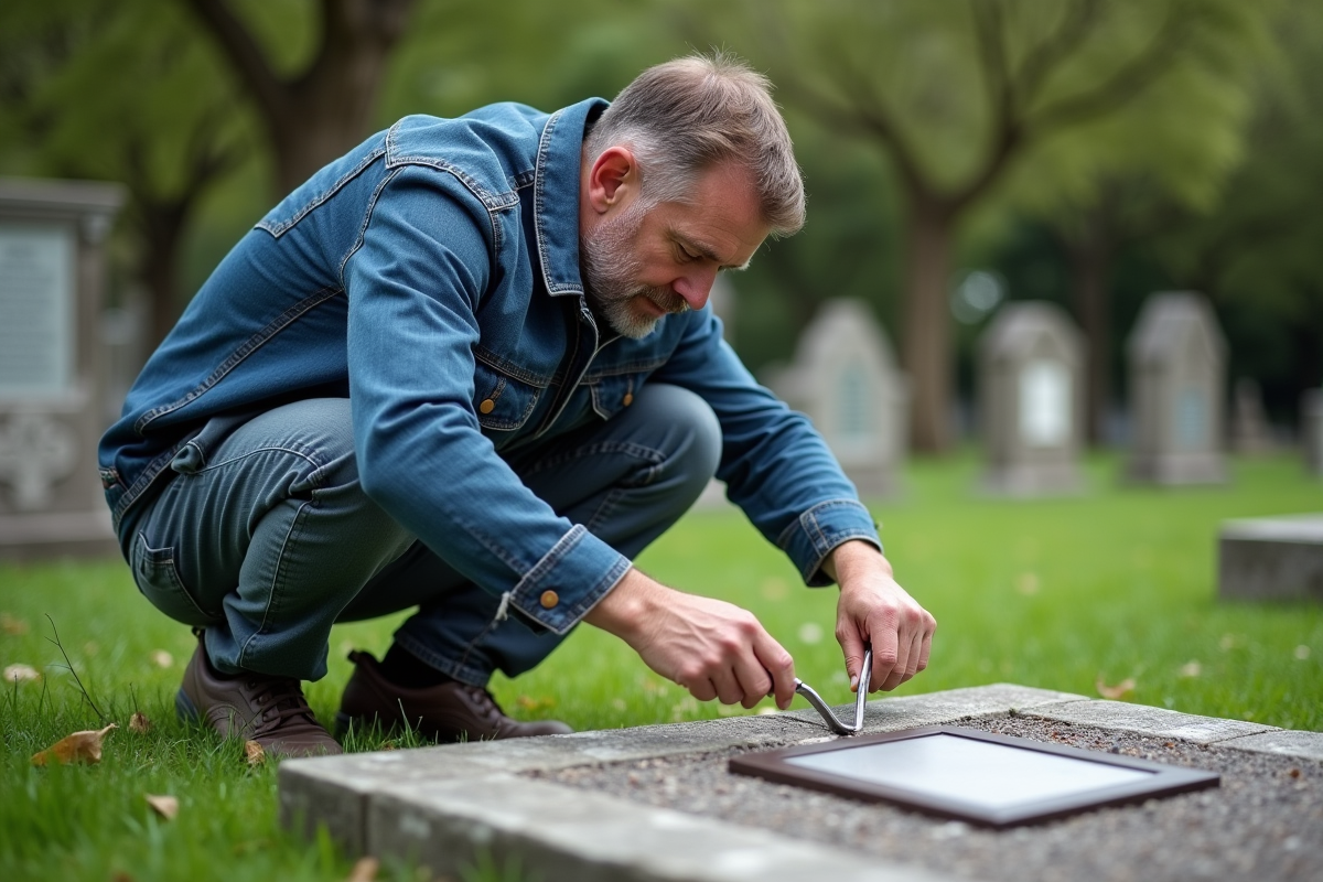 Homme d'âge moyen manipulant une plaque funéraire dans un cimetière calme