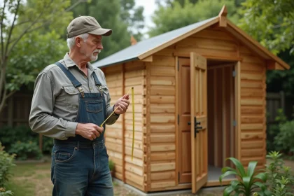 Homme en vêtements casual mesurant un abri de jardin en bois