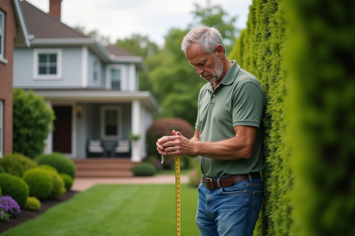 Homme d'âge moyen mesurant son jardin avec un mètre
