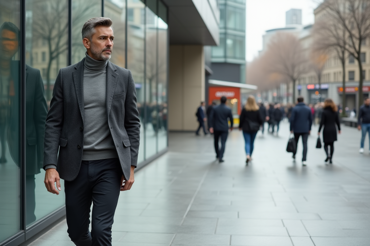 Homme en blazer regardant son reflet dans une installation moderne