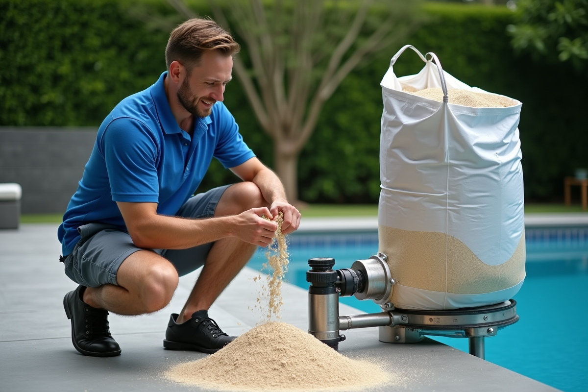 Homme en short et polo bleu nettoyant un filtre de piscine