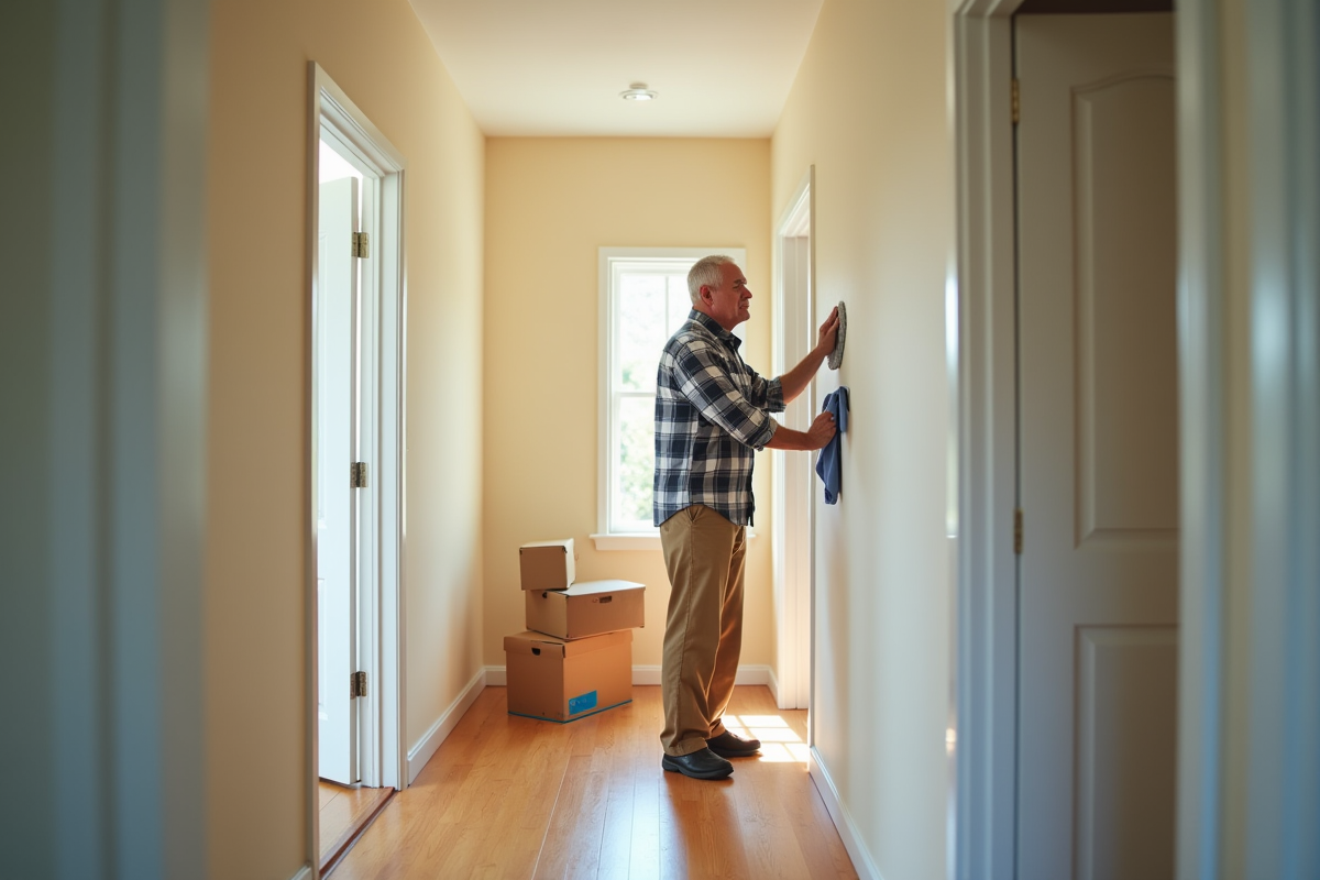 Homme de 50 ans essuyant une porte dans un couloir lumineux