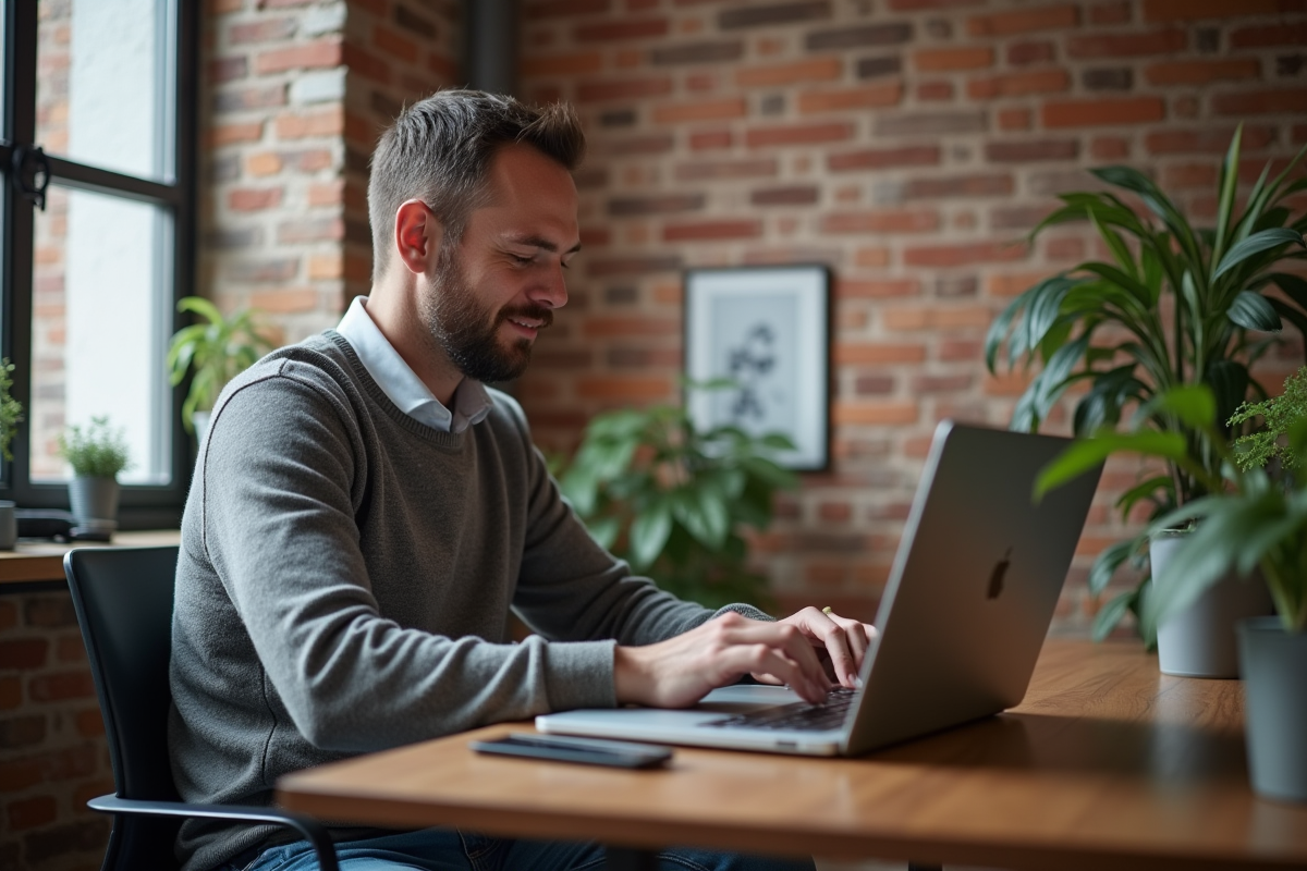 Homme concentré devant un mur en briques