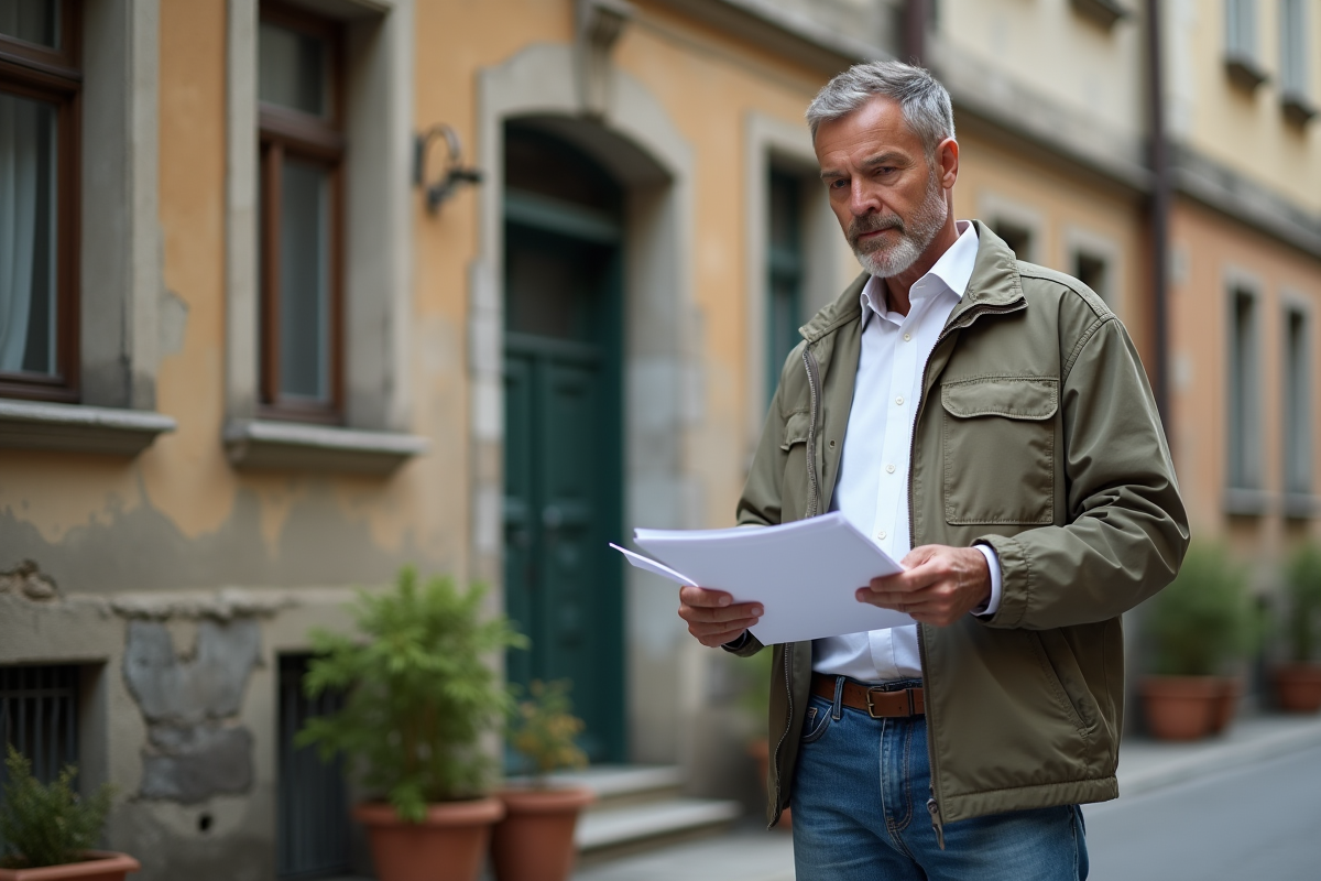 Homme d'âge moyen avec papiers devant façade urbaine