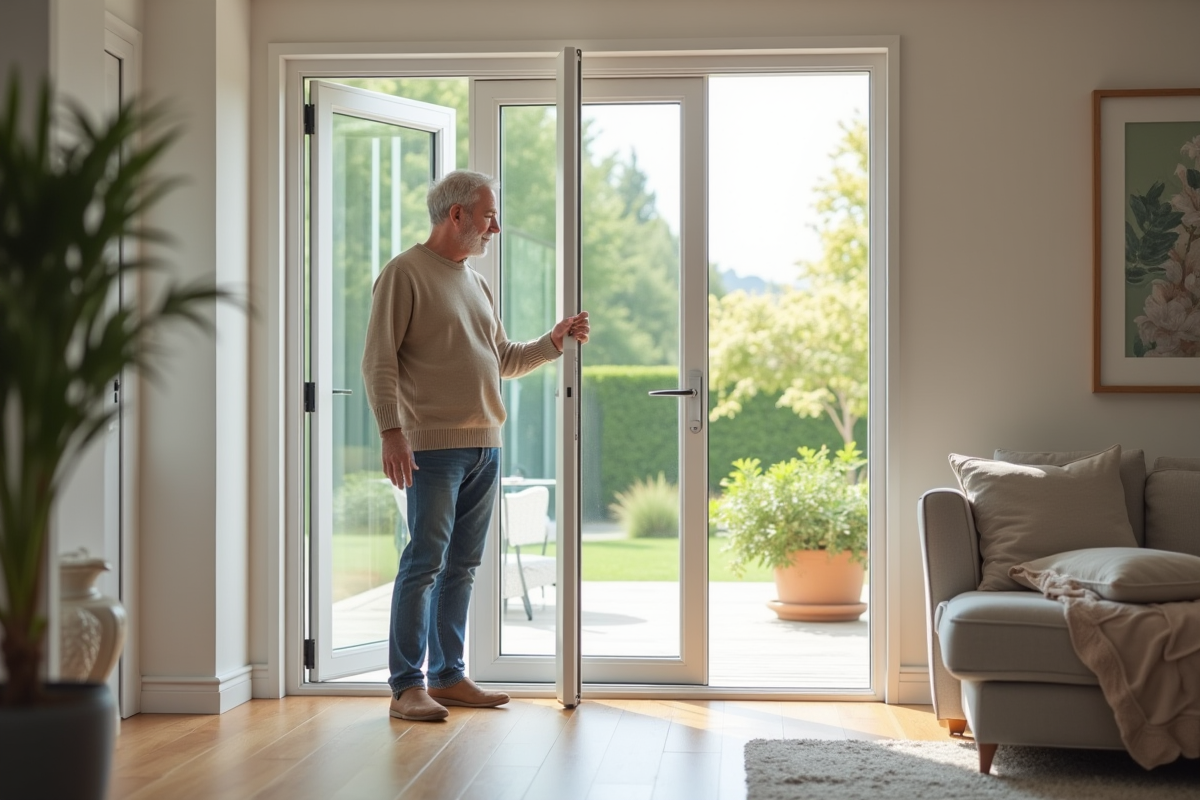 Homme d'âge moyen ouvrant une porte-fenêtre blanche dans un salon moderne