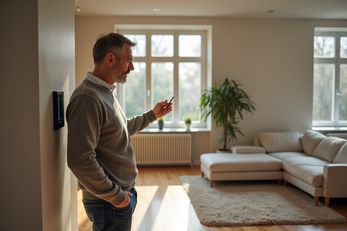 Homme d'âge moyen réglant un thermostat dans un salon moderne