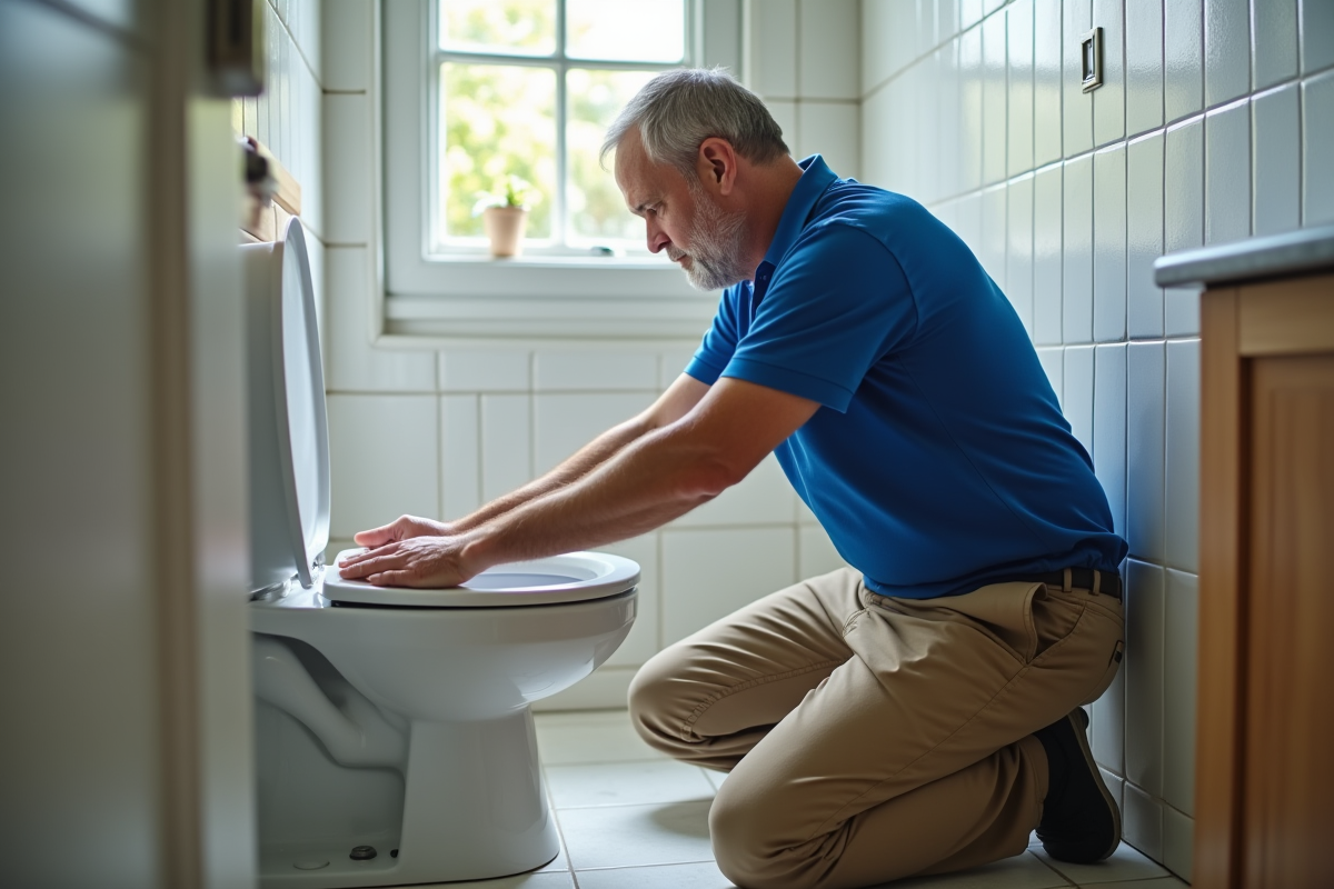 Homme moyenâge en bleu réparant une toilette blanche