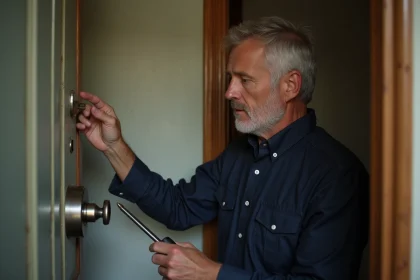 Homme d'âge moyen examine une serrure avec un tournevis dans un couloir intérieur