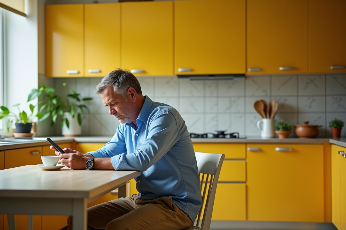 Homme regardant son téléphone dans une cuisine jaune vintage