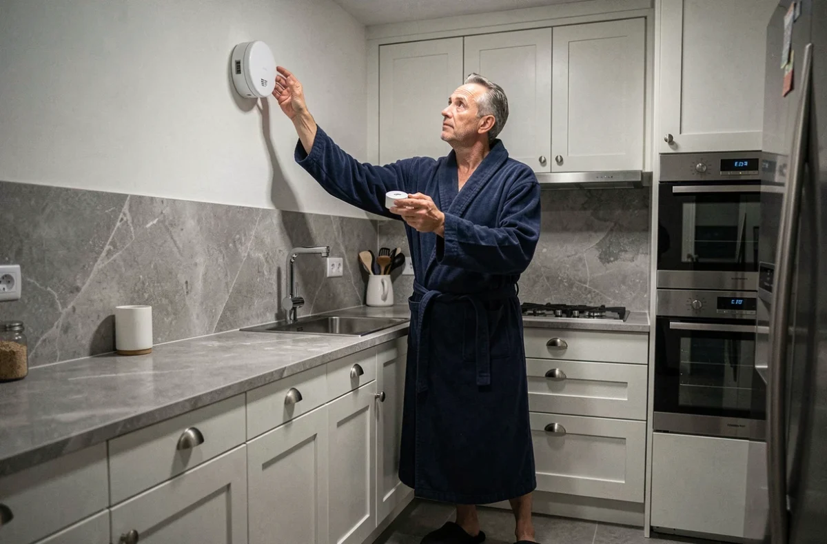 Homme en robe de chambre retirant la batterie d'un détecteur de fumée dans une cuisine moderne la nuit
