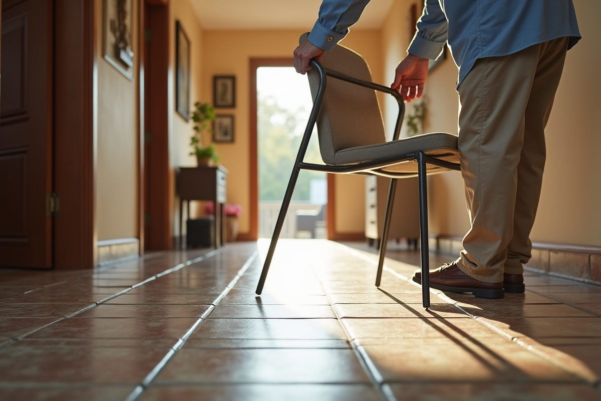 Homme âgé marche sur un sol en tuiles dans un couloir lumineux