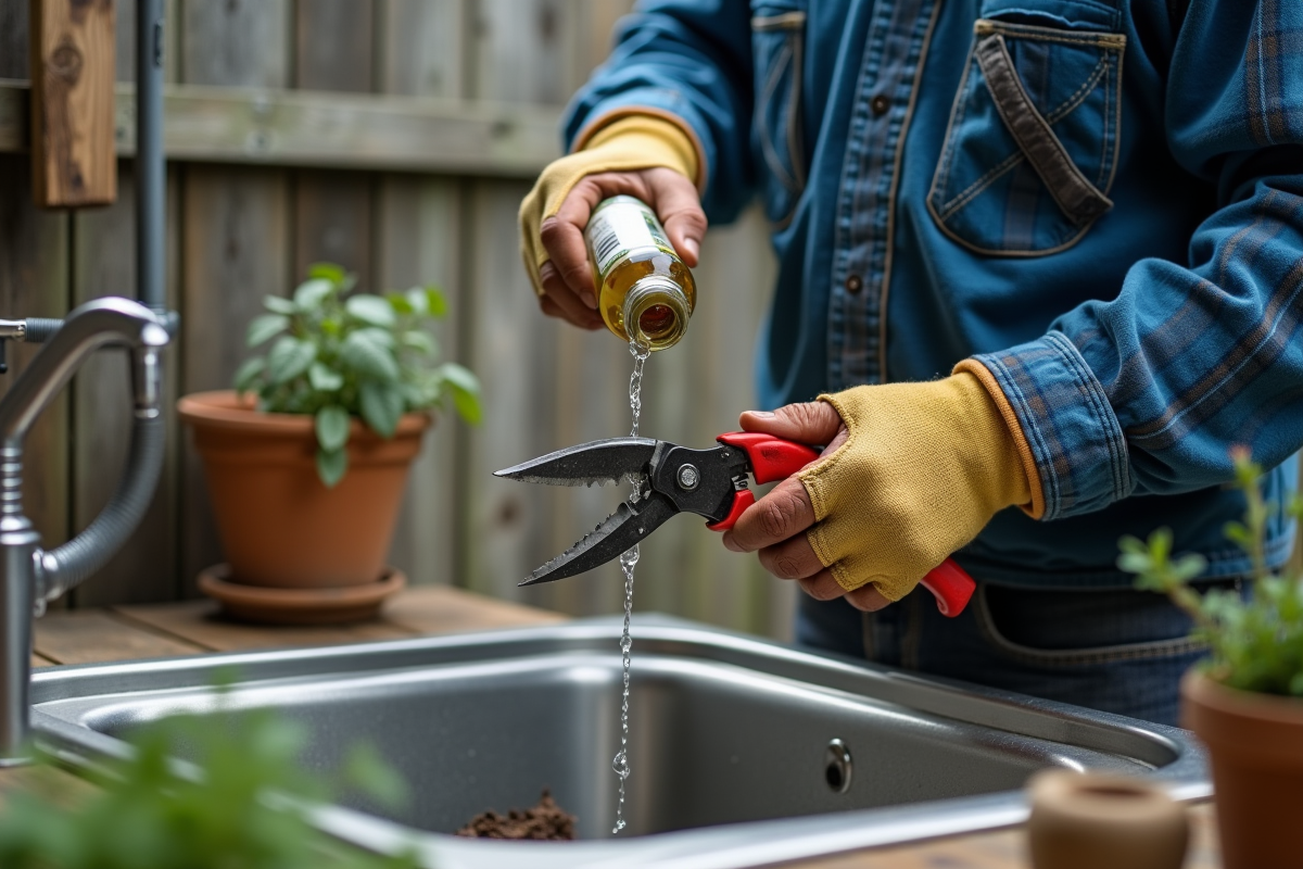 Homme utilisant des secateurs dans un jardin extérieur