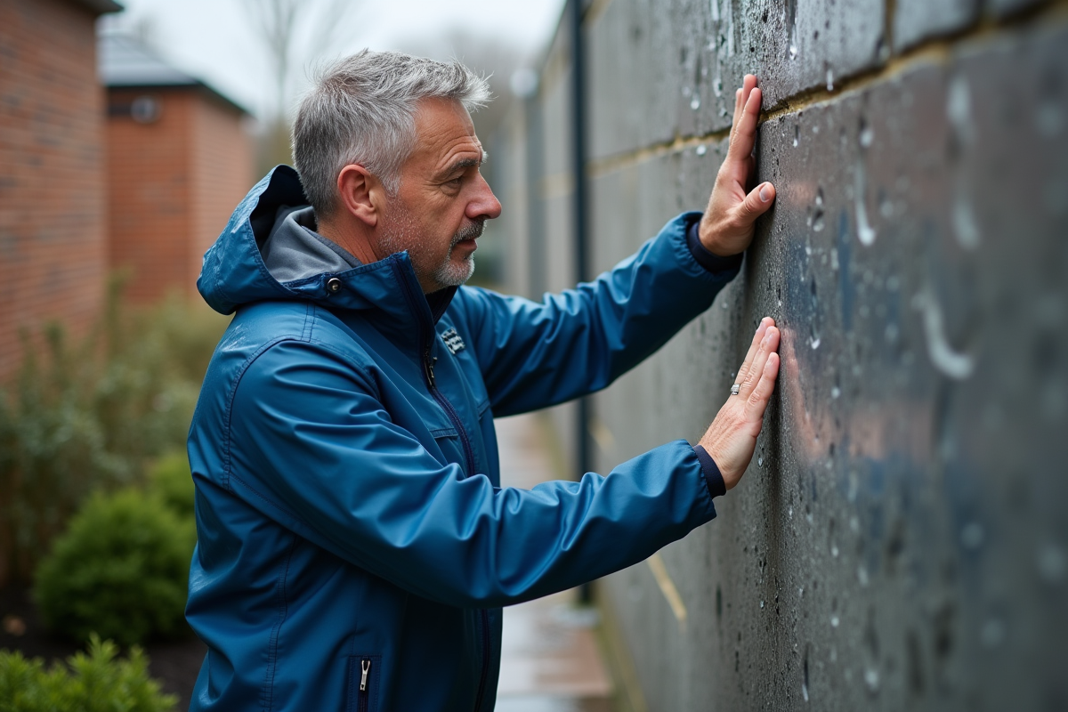 Homme testant une surface de mur humide en extérieur
