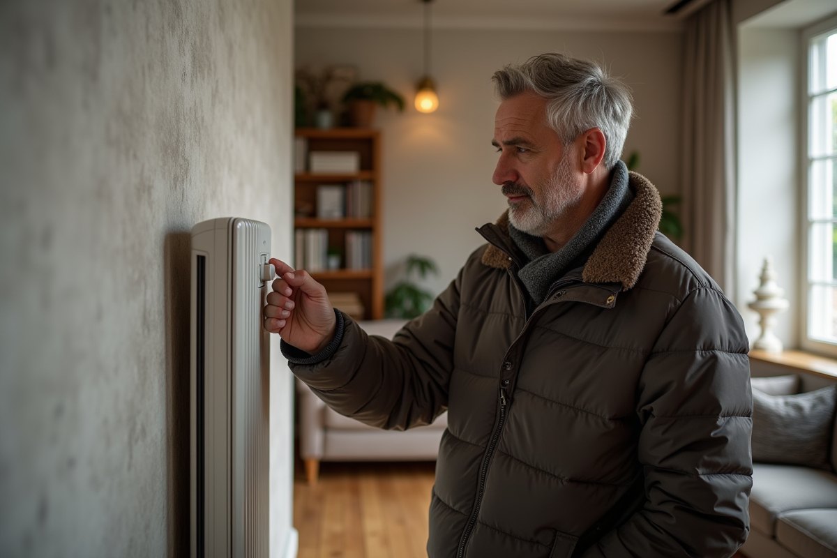 Homme d'âge moyen vérifiant le thermostat d'un chauffage électrique moderne