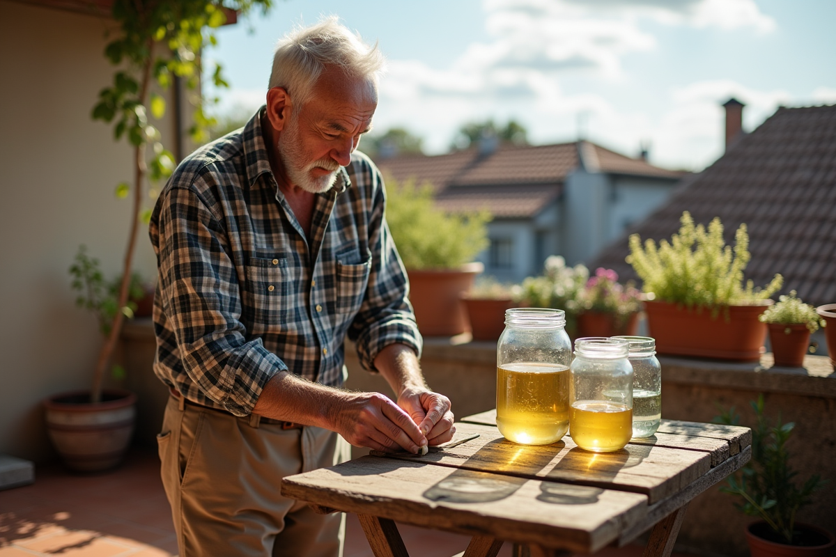 Homme âgé construisant une trappe solaire sur un balcon ensoleille