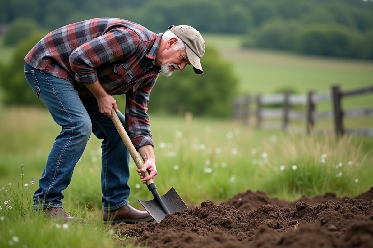 Homme en jeans et chemise à carreaux travaillant la terre
