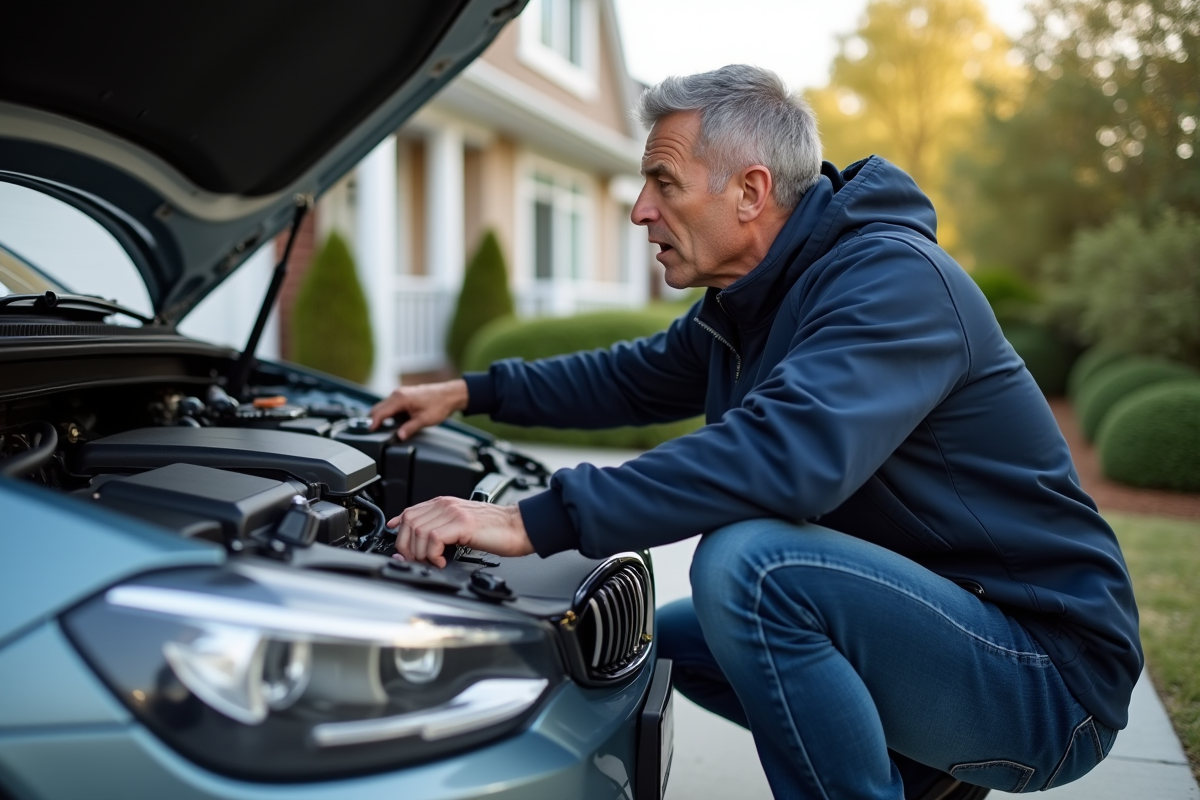 Homme d'âge moyen examine le moteur d'une voiture