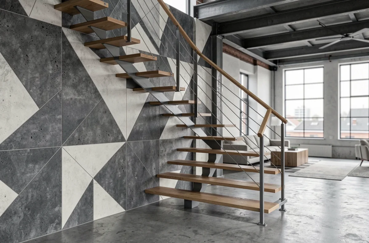 Mur cage d'escalier en loft industriel avec carrelage géométrique béton gris et escalier flottant en chêne
