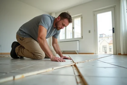 Hommes inspectant des carreaux de sol en intérieur