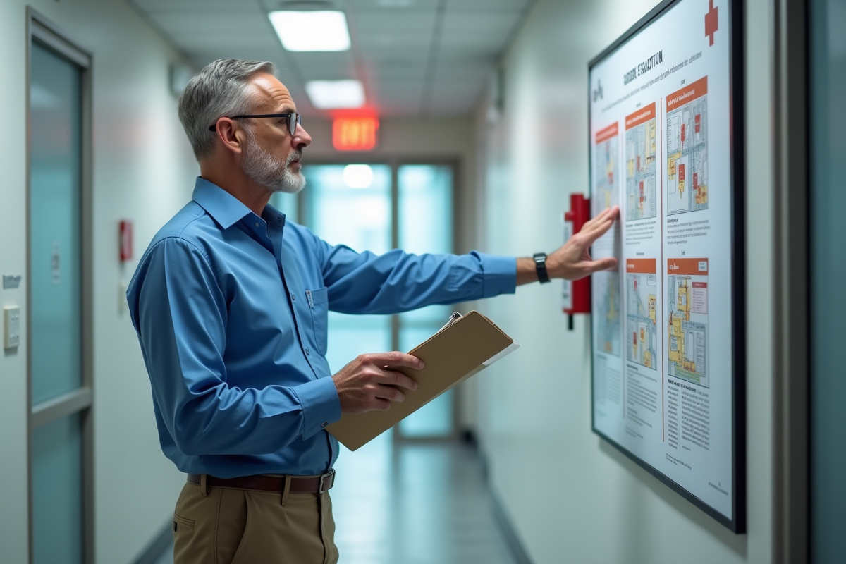 Inspecteur de sécurité pointant un plan d evacuation dans un bureau