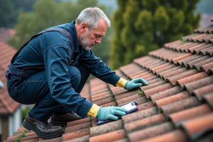Inspecteur de toiture en tenue navy examinant une tuile