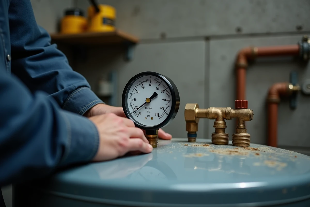 Inspection du manomètre et de la soupape sur un chauffe-eau pour contrôler la pression d'eau chaude