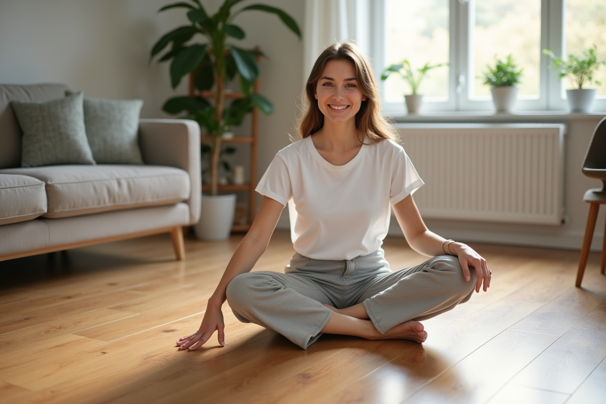 Jeune femme inspectant un parquet verni dans un salon moderne