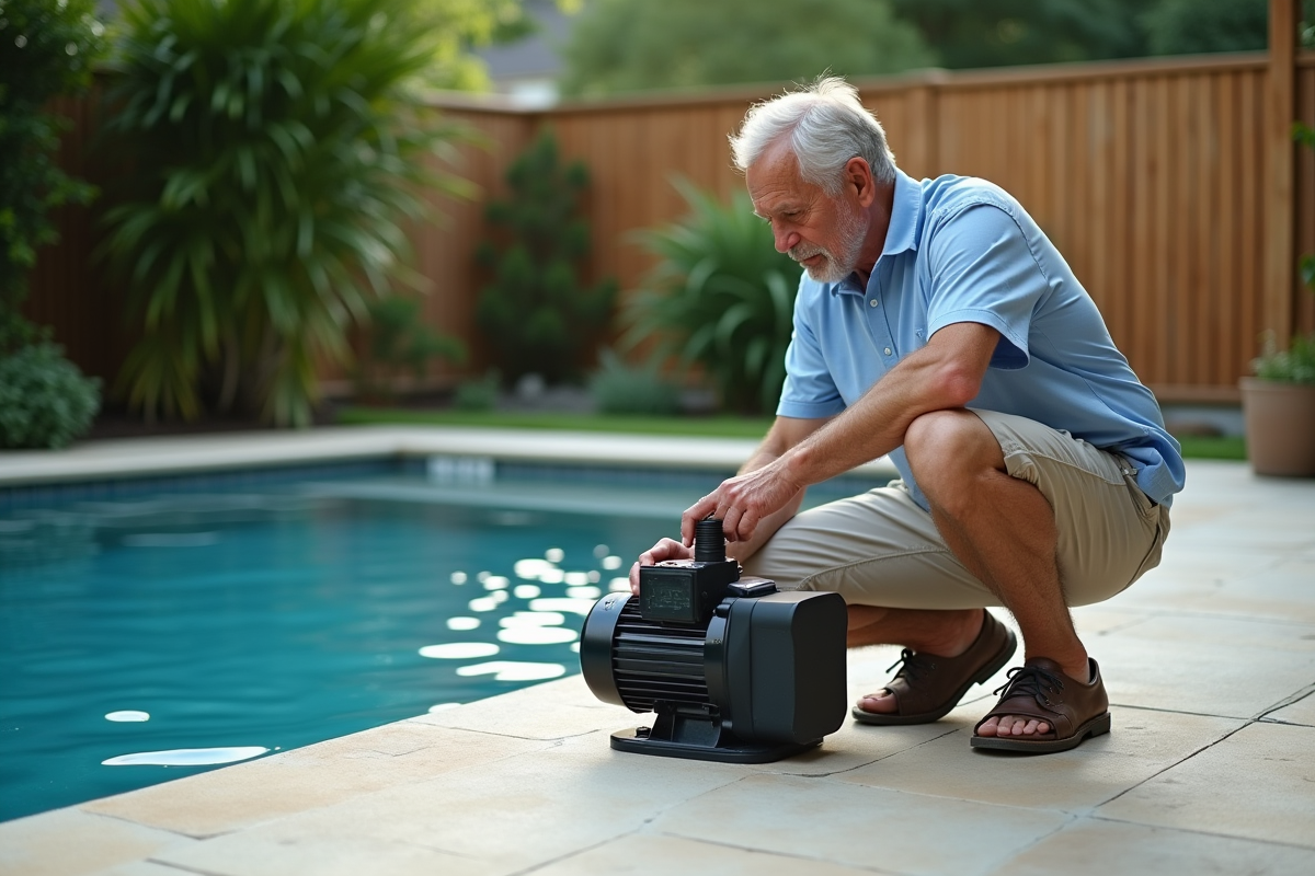 Homme d'âge moyen inspectant la pompe de piscine extérieure
