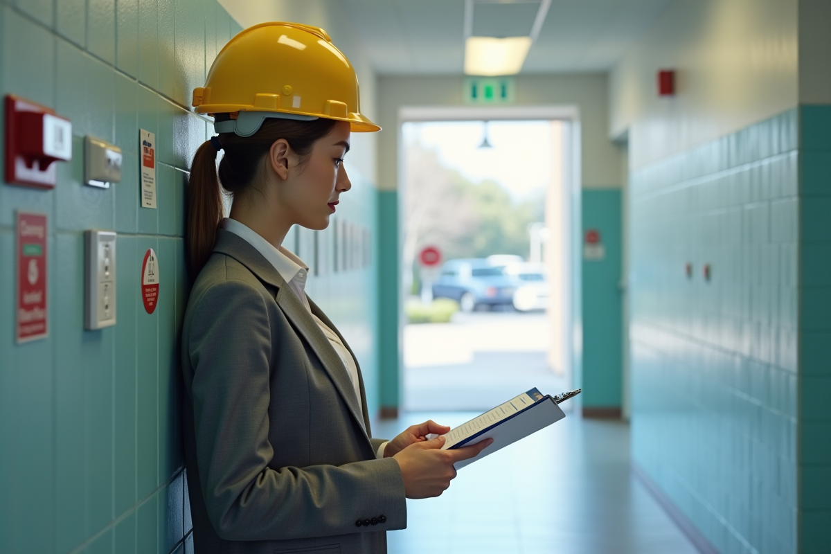Jeune femme inspectrice vérifiant prises électriques dans un couloir